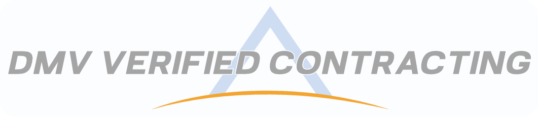 DMV Verified Contracting logo in gray and blue text with a roof line graphic