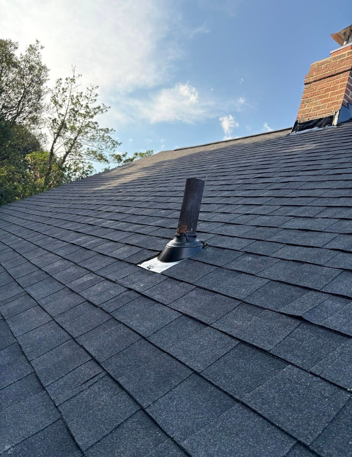 Shingled roof with a black vent pipe and blue sky above trees