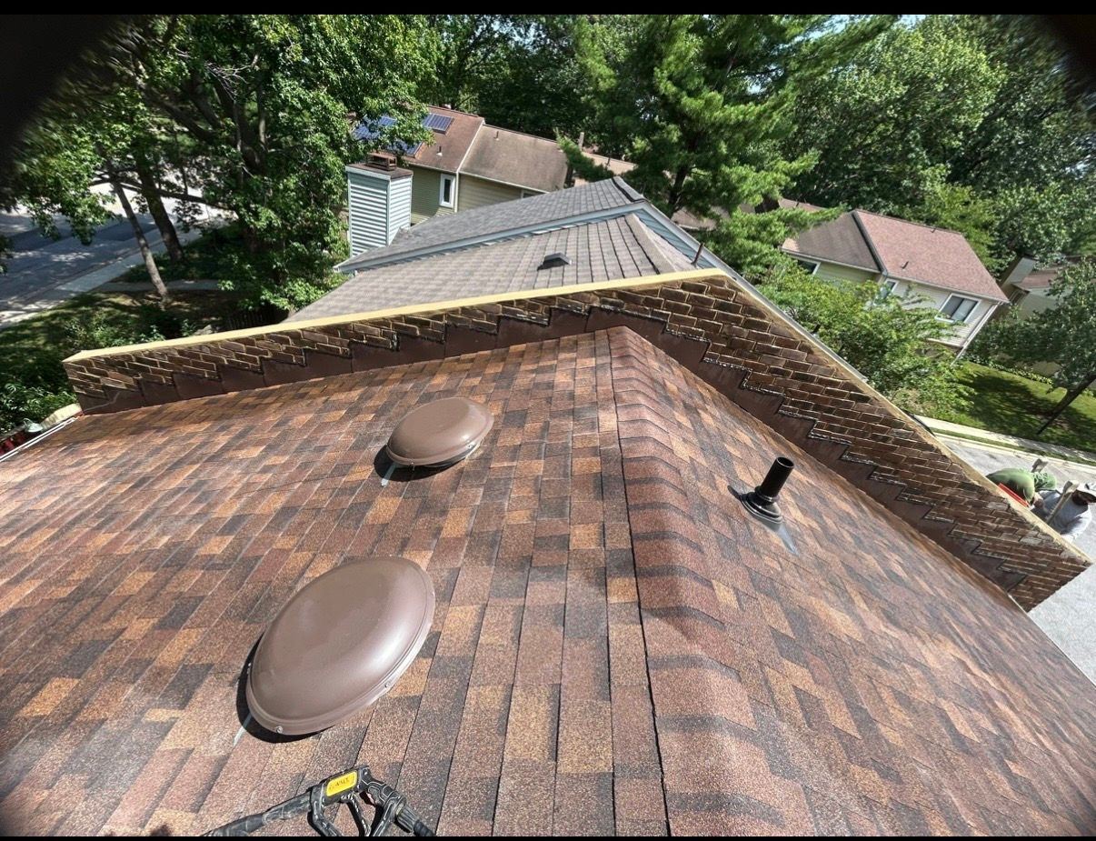 Weathered shingle roof with two vents, viewed from above amid trees and neighboring houses