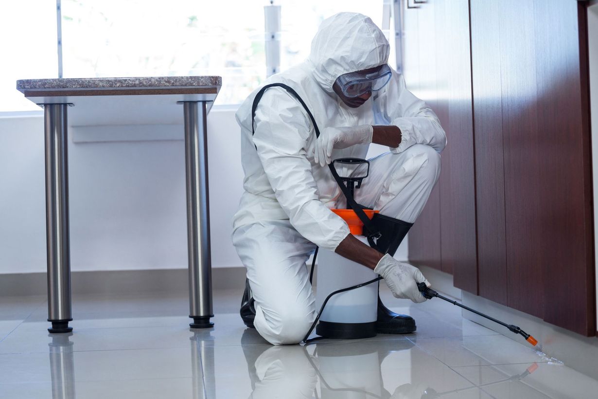 Person in protective suit spraying insecticide near cabinet in room.