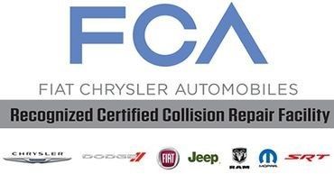 A logo for fiat chrysler automobiles recognized certified collision repair facility