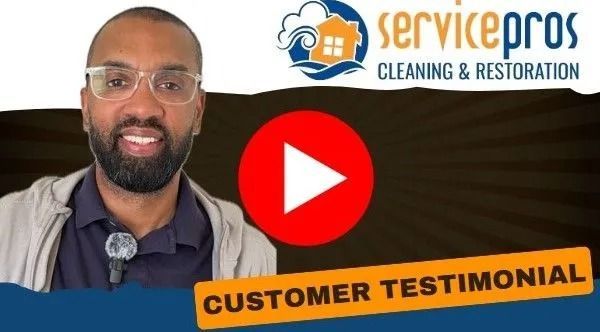 Man in glasses speaks, Service Pros logo, red play button,