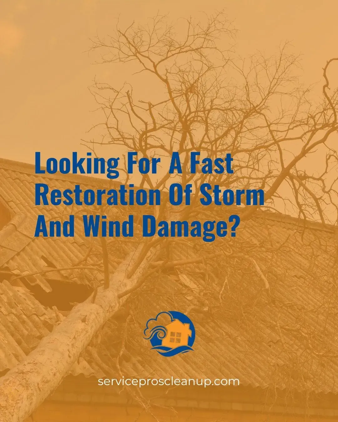 Tree fallen on a damaged roof, with text: