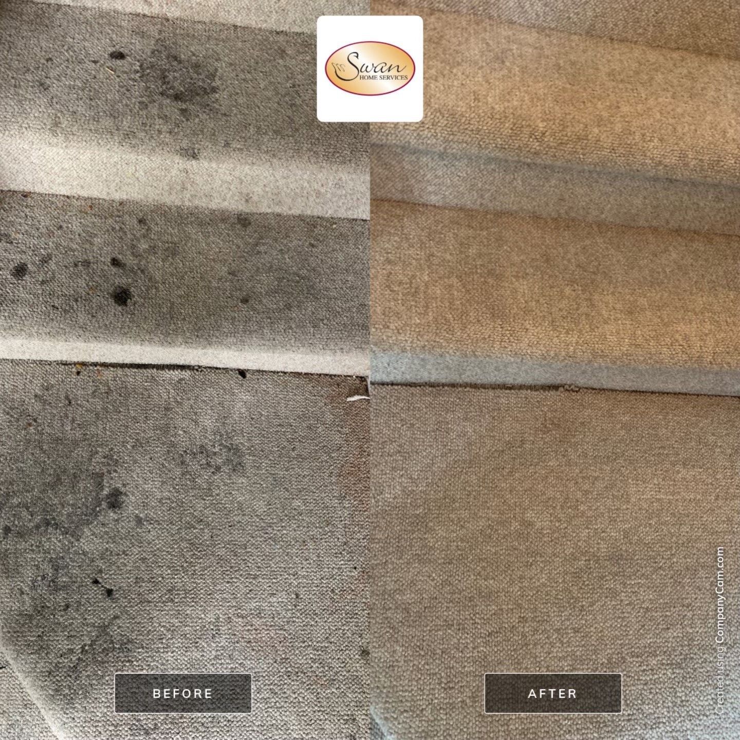 Before and after comparison of carpeted stairs: heavily stained on the left, clean on the right.