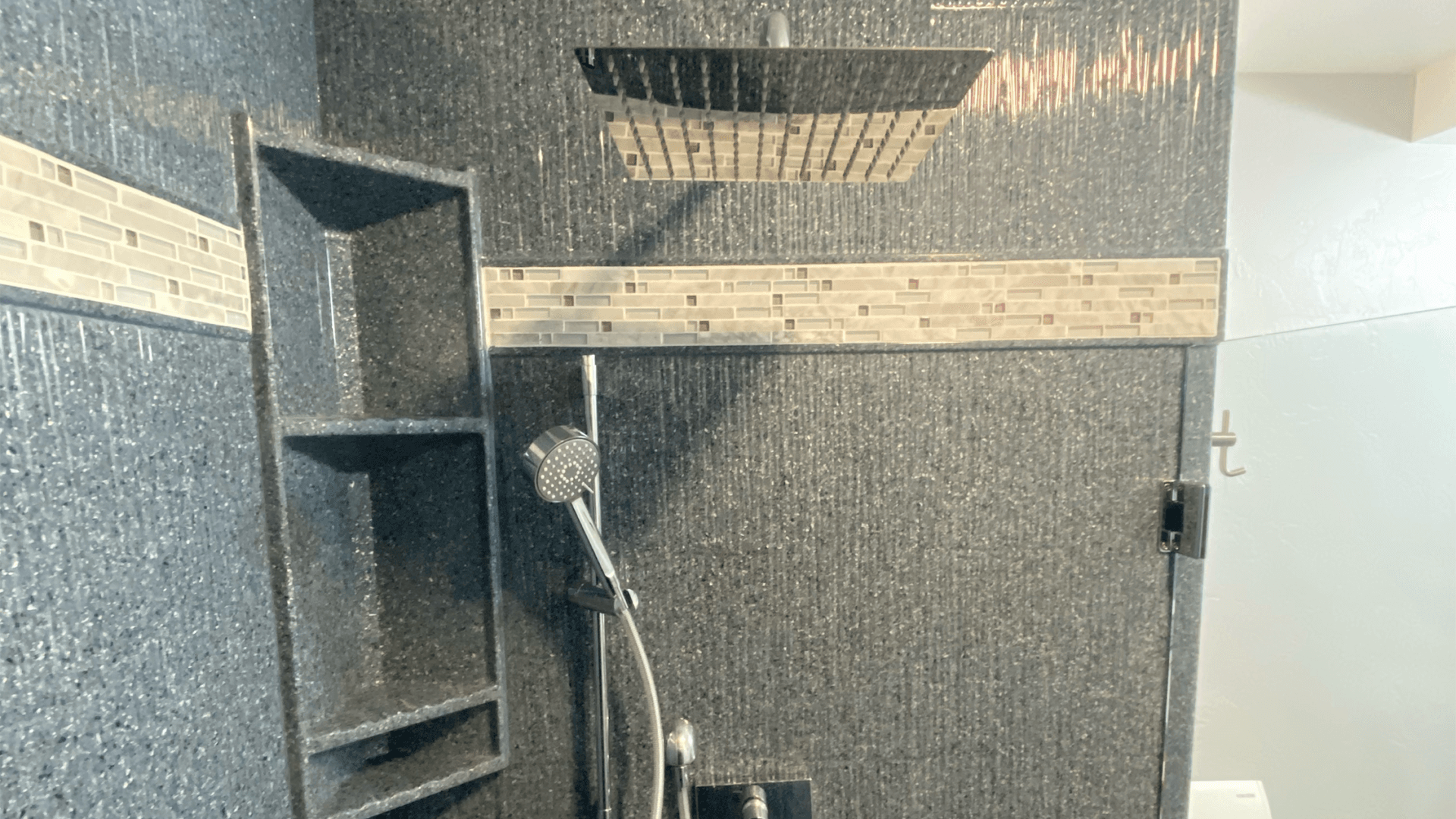 the onyx collection, gray shower, grey shower, shower inspiration, rain square showerhead, handheld shower, mosaic tile insert, tim rausch plumbing, bathroom remodel