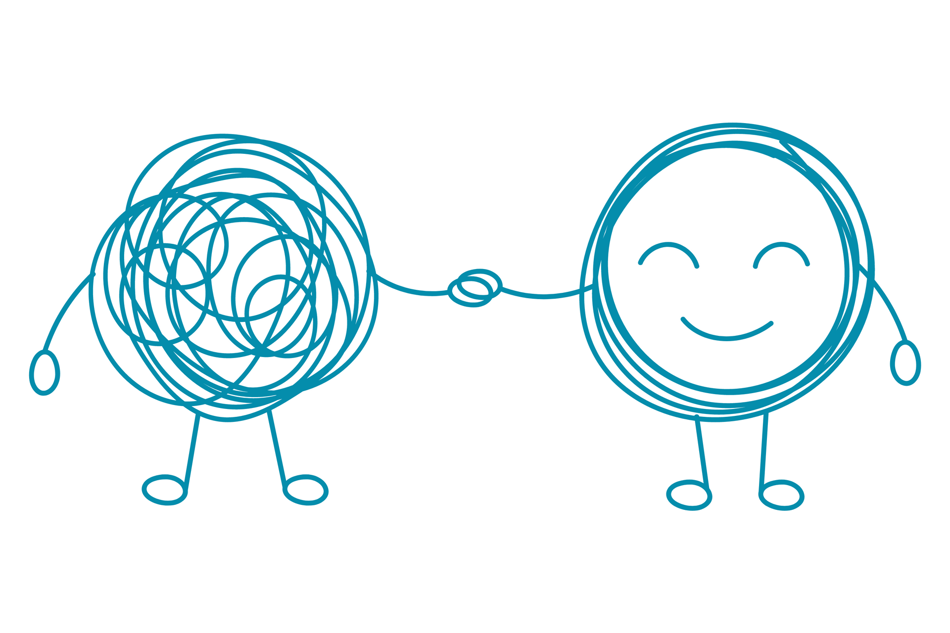 a cartoon drawing of two people holding hands, one with messy scribbles in their head and the other with a smile.