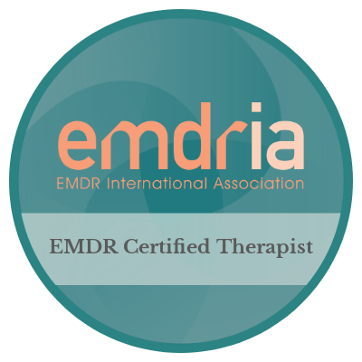 EMDRIA certified therapist badge: Teal circle, orange 