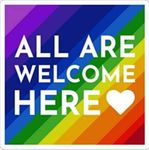 A logo that says all are welcome here on a rainbow background