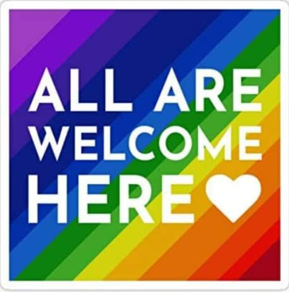 A logo that says all are welcome here on a rainbow background