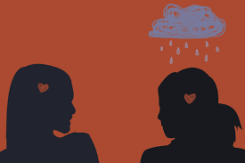 Artistic rendering of two silhouettes, one accompanied by a symbolic rain cloud, representing emotional struggle and support.