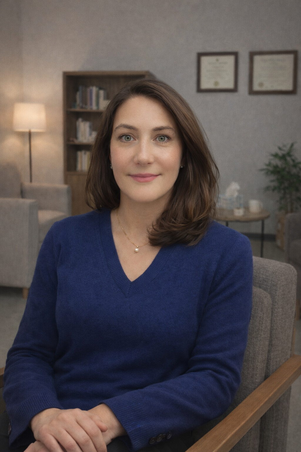 A person wearing a blue v-neck sweater sits in an armchair inside an office with a bookshelf, lamp, and framed wall art.