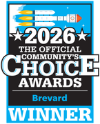2026 Brevard Official Community’s Choice Awards winner badge in blue, black, white and orange