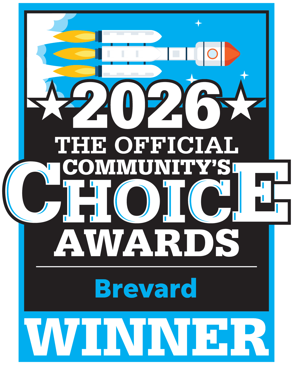 2026 Brevard Official Community’s Choice Awards winner badge in blue, black, white and orange