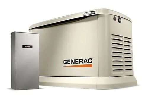 A generac generator is sitting next to a box on a white background.