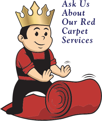 A cartoon of a man wearing a crown holding a roll of red carpet.