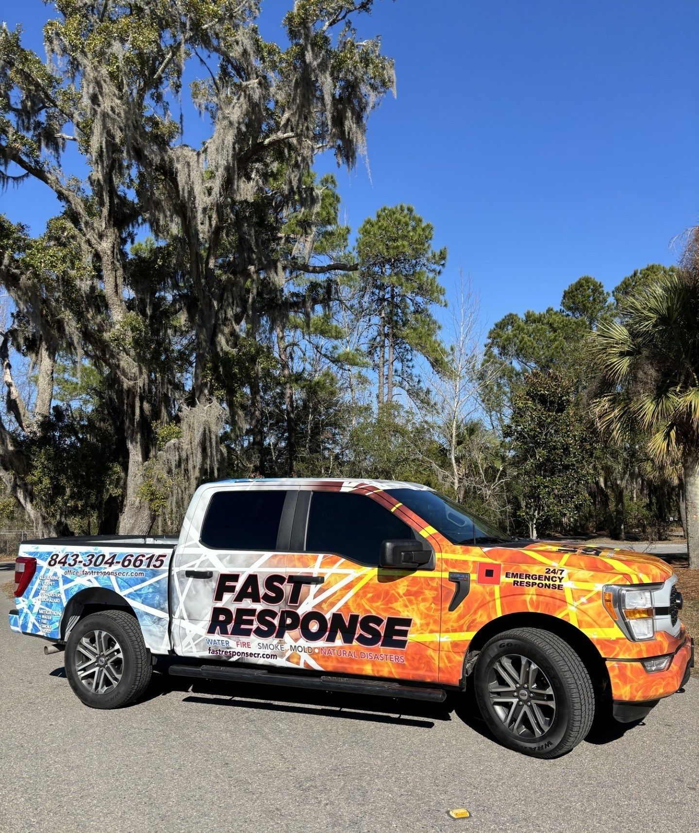 White and orange truck with 