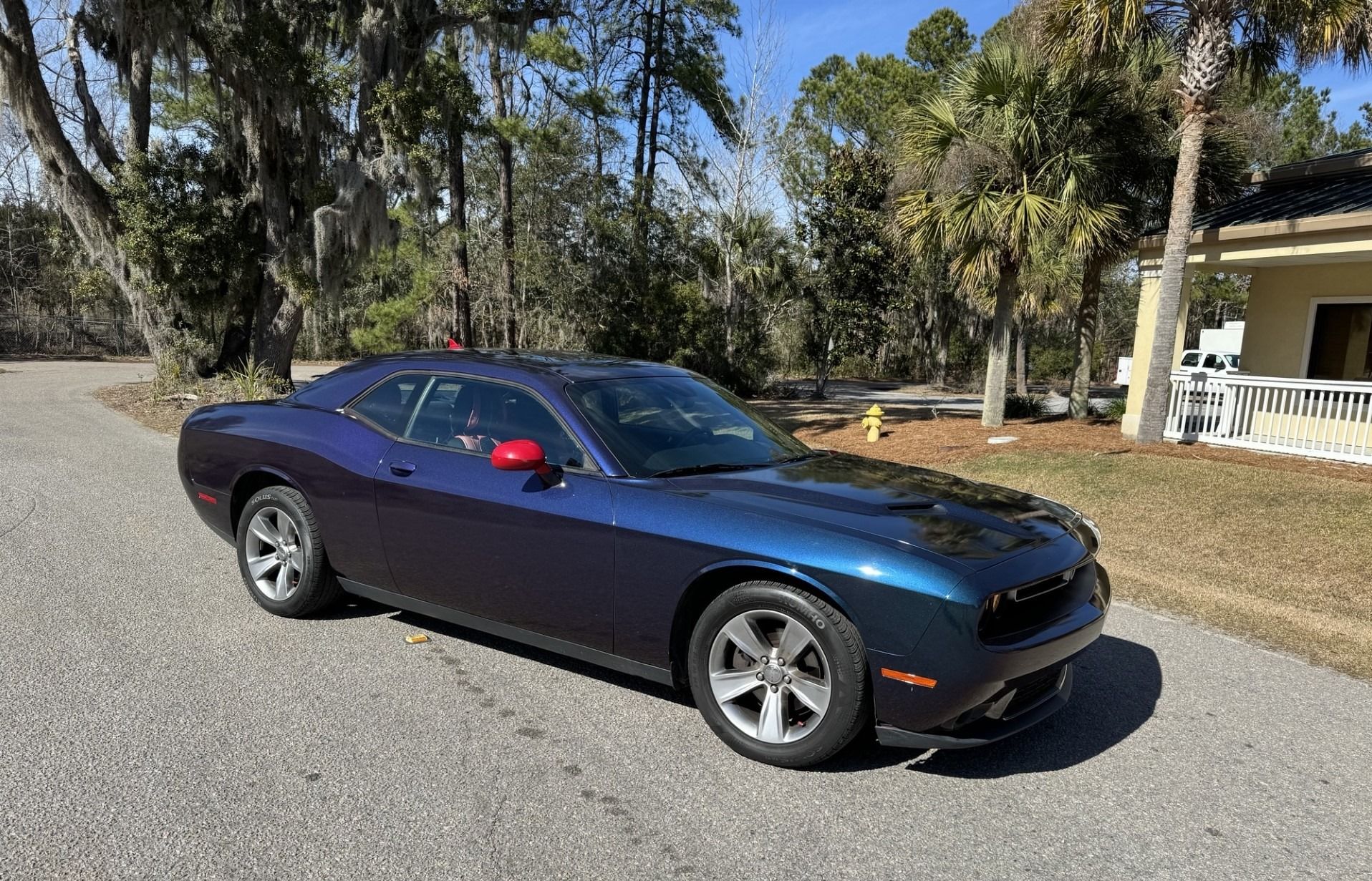 Dark blue Dodge Challenger parked on a paved road with trees and a house in the background.