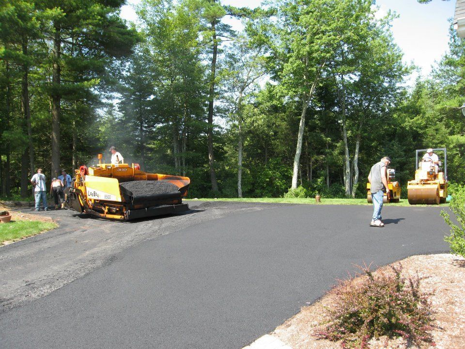 A group of people are working on a road with trees in the background