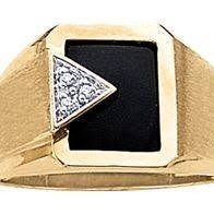 Gold men's ring with a black square center stone, a diamond-set triangle, and textured band.