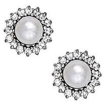 Pair of pearl earrings with a surrounding halo of clear crystals.
