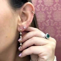Close-up of a woman's ear wearing earrings and a ring with a green gemstone.