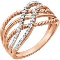 Rose gold ring with a diamond-studded X-shaped band and twisted rope detailing.