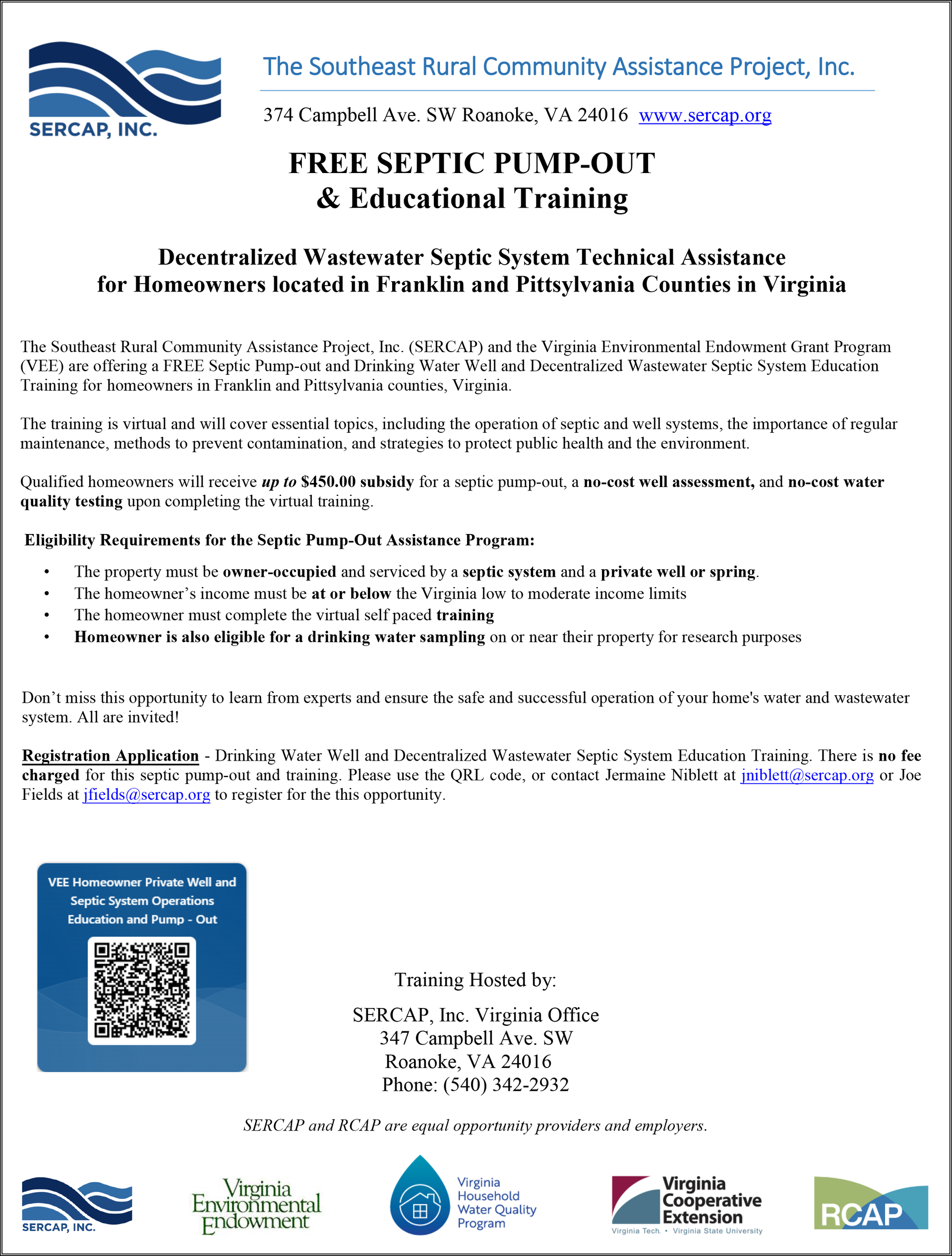 Flyer: Free septic pump out & training. The South Coast Rural Community Assistance Project. Includes QR code.