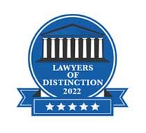 Blue Lawyers of Distinction 2022 award badge: courthouse icon, stars, banner.