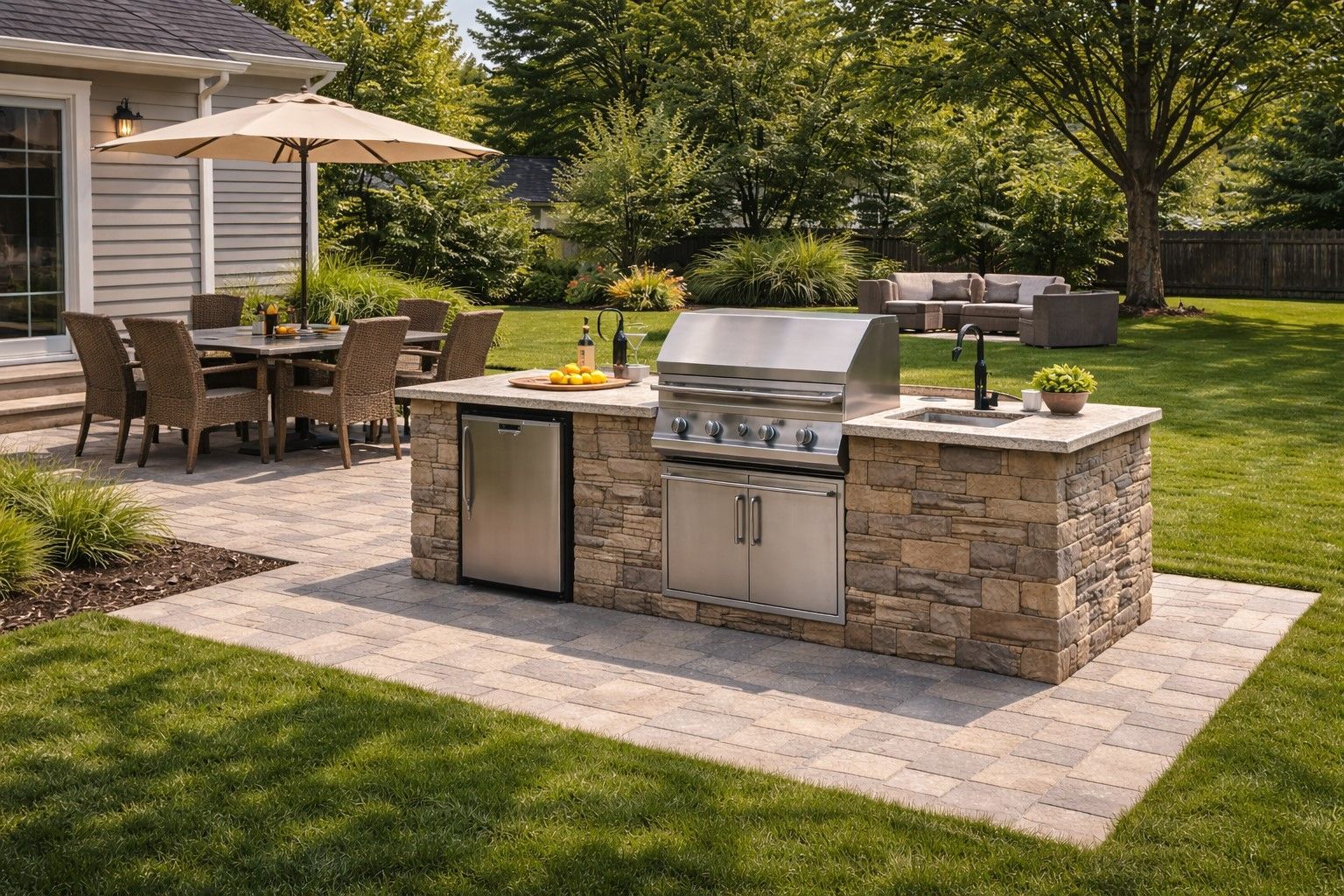 Outdoor kitchen with stone facade, grill, sink, and refrigerator on a brick patio with dining set and lawn.