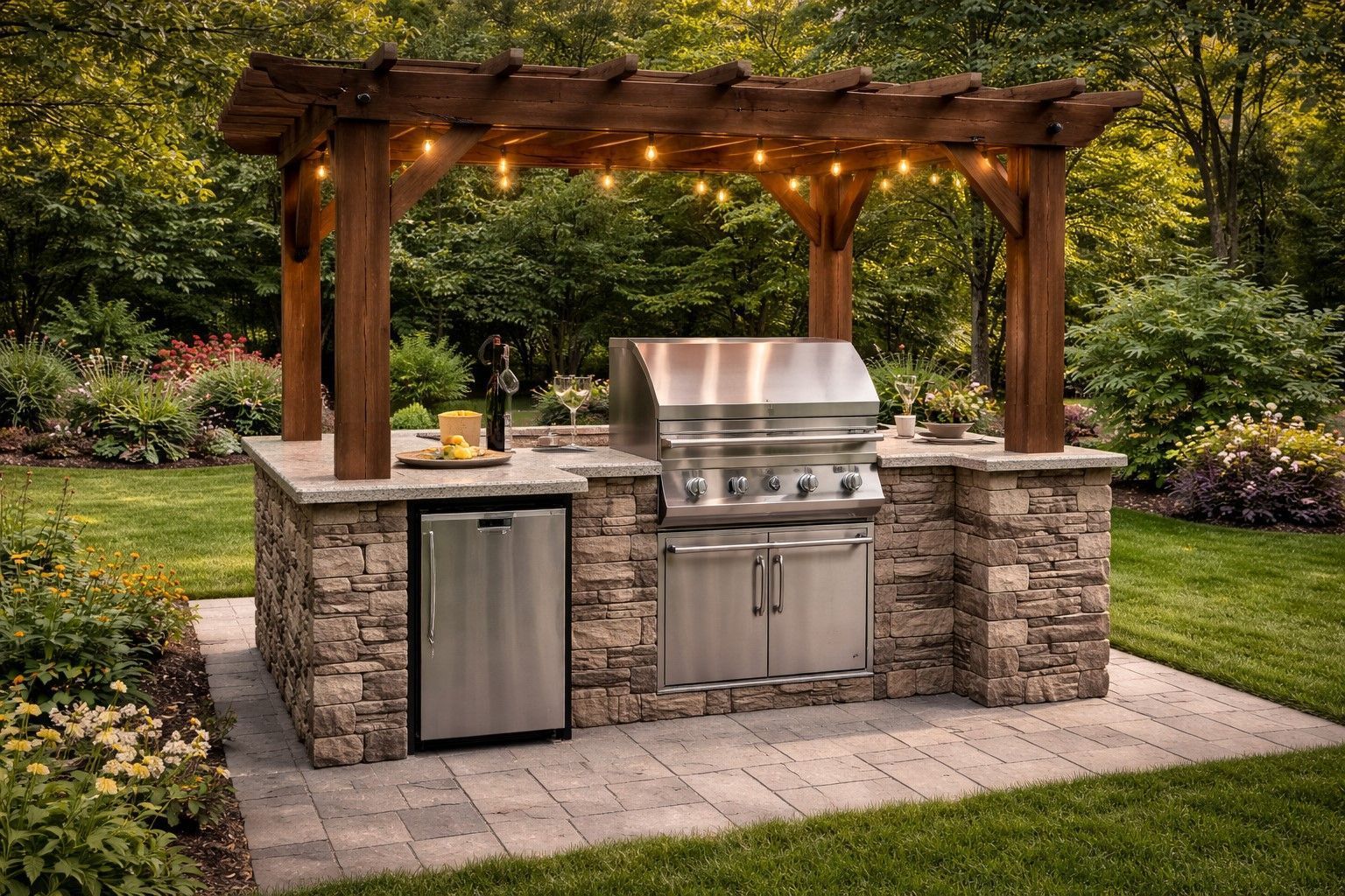 Outdoor kitchen with a grill, refrigerator, and wooden pergola.