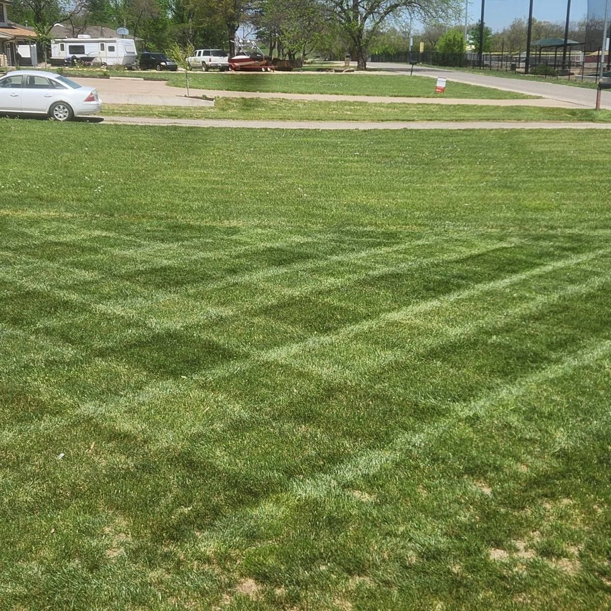 Lawn with freshly cut pattern; cars and buildings in background.