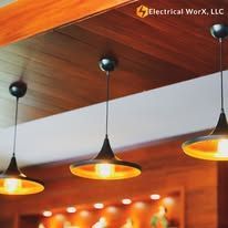Three pendant lights are hanging from the ceiling of a restaurant.