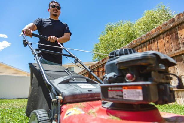 A person wearing sunglasses pushes a red lawnmower in a grassy yard on a sunny day next to a wooden fence.