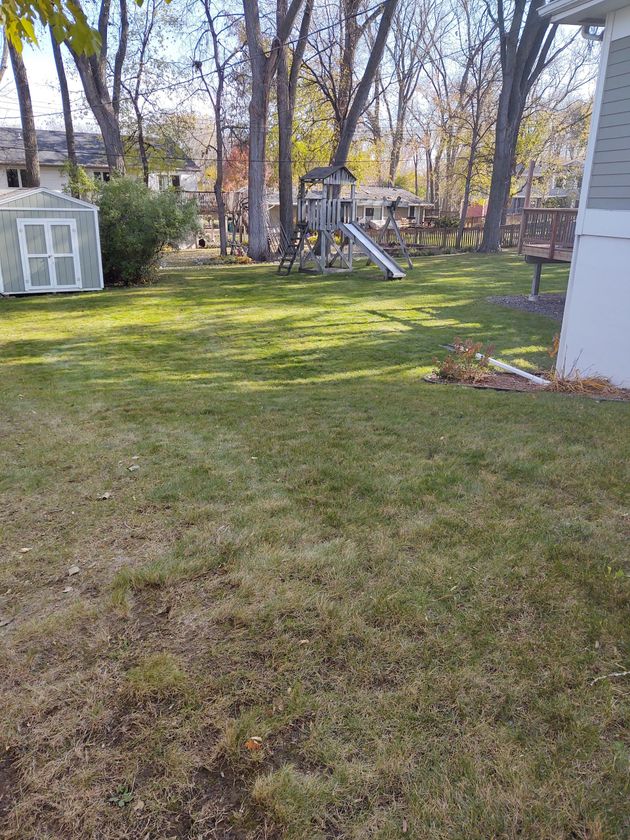 A suburban backyard with a manicured green lawn, a small white shed, and a children's play set with a slide.