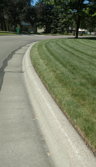 A street view showing a curved concrete curb bordering a freshly mown, striped green lawn under a clear blue sky.