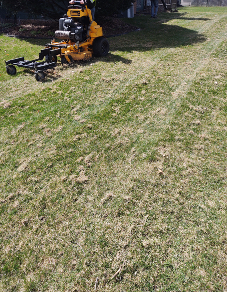 A yellow stand-on lawn mower with a trailer attachment operates on a grassy lawn.