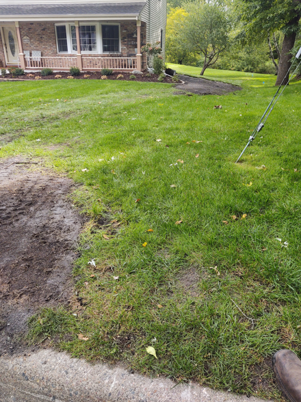 A brick house with a porch overlooks a green, uneven lawn with areas of exposed soil and a drainage pipe near the road.