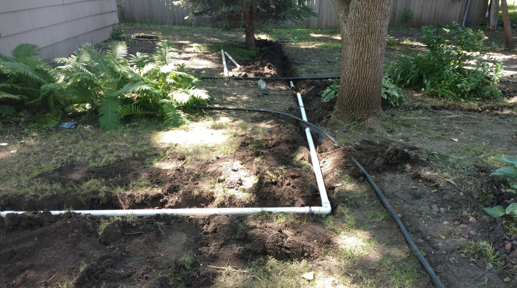 White PVC pipes laid in a trench in a dirt yard near a large tree and some landscaping plants.