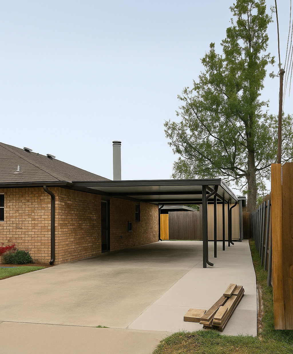 Carport with brick house, gray roof, and long driveway. Tall tree and fence on the right.