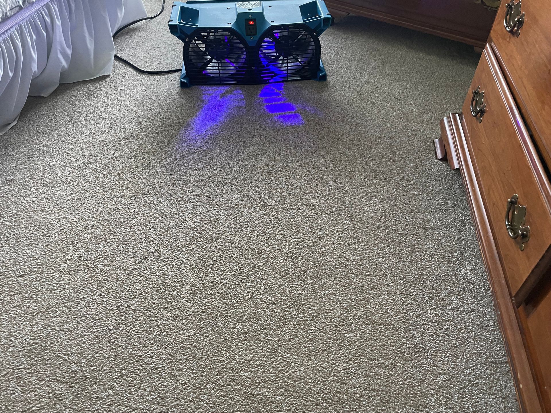 Small black robot on carpet with blue lights, near a dresser and wall.