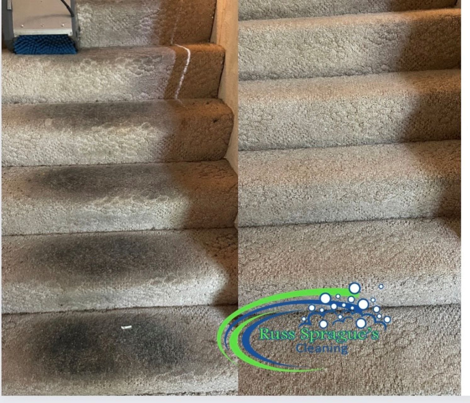 Carpeted staircase with a central seam and a small blue object at the top left.