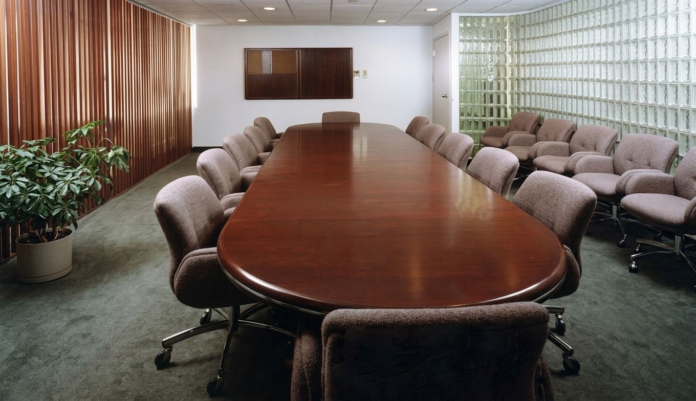 Conference room with a long oval wooden table, cushioned chairs, and a wall-mounted screen