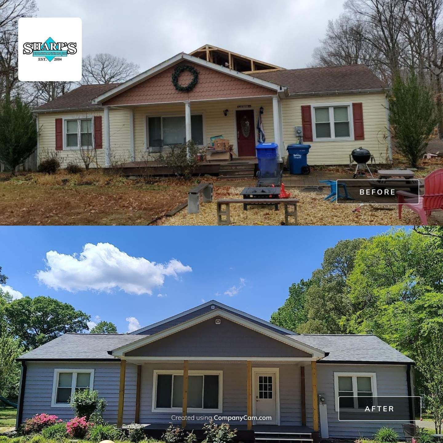 A before and after picture of a house being remodeled
