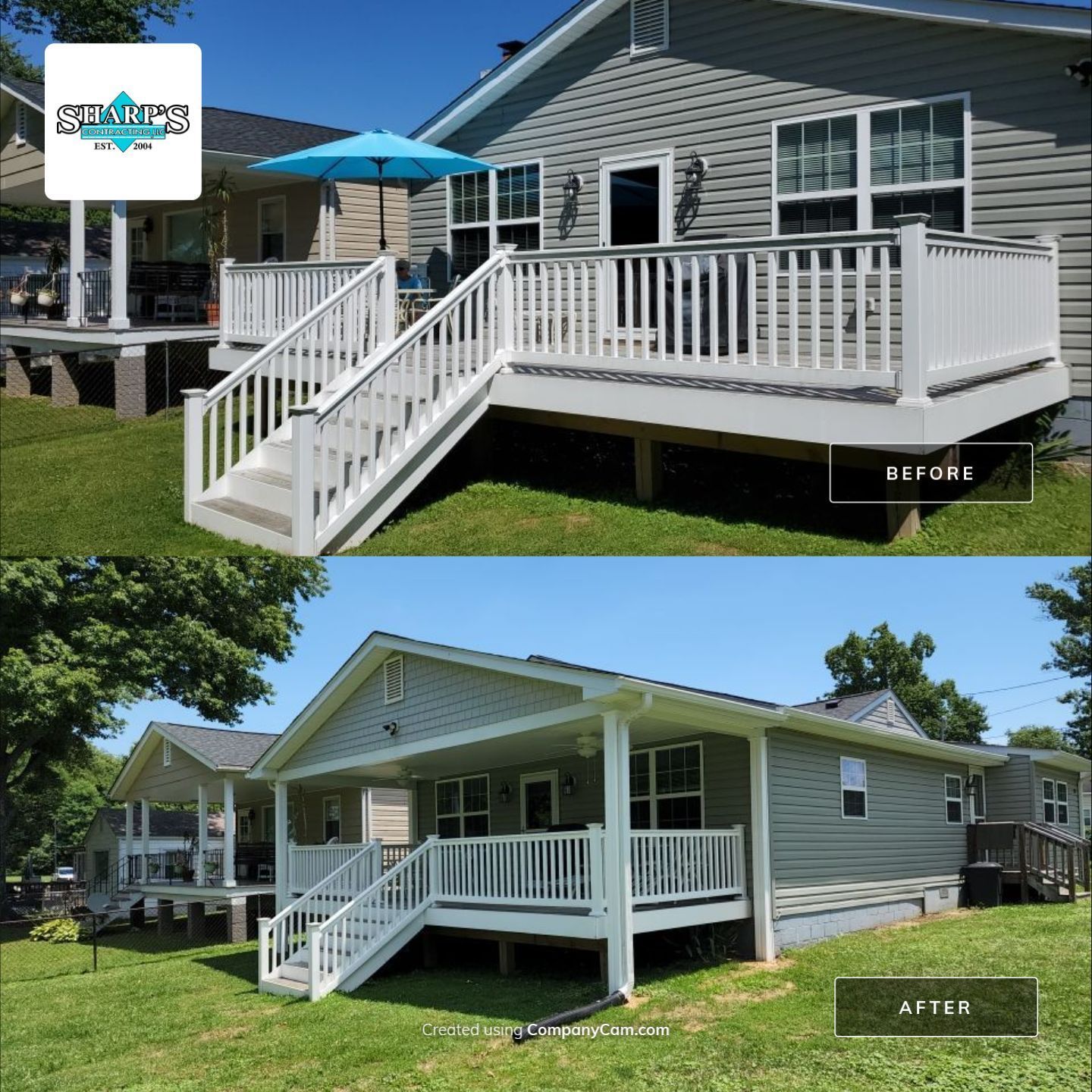 A before and after picture of a house with a deck and stairs.