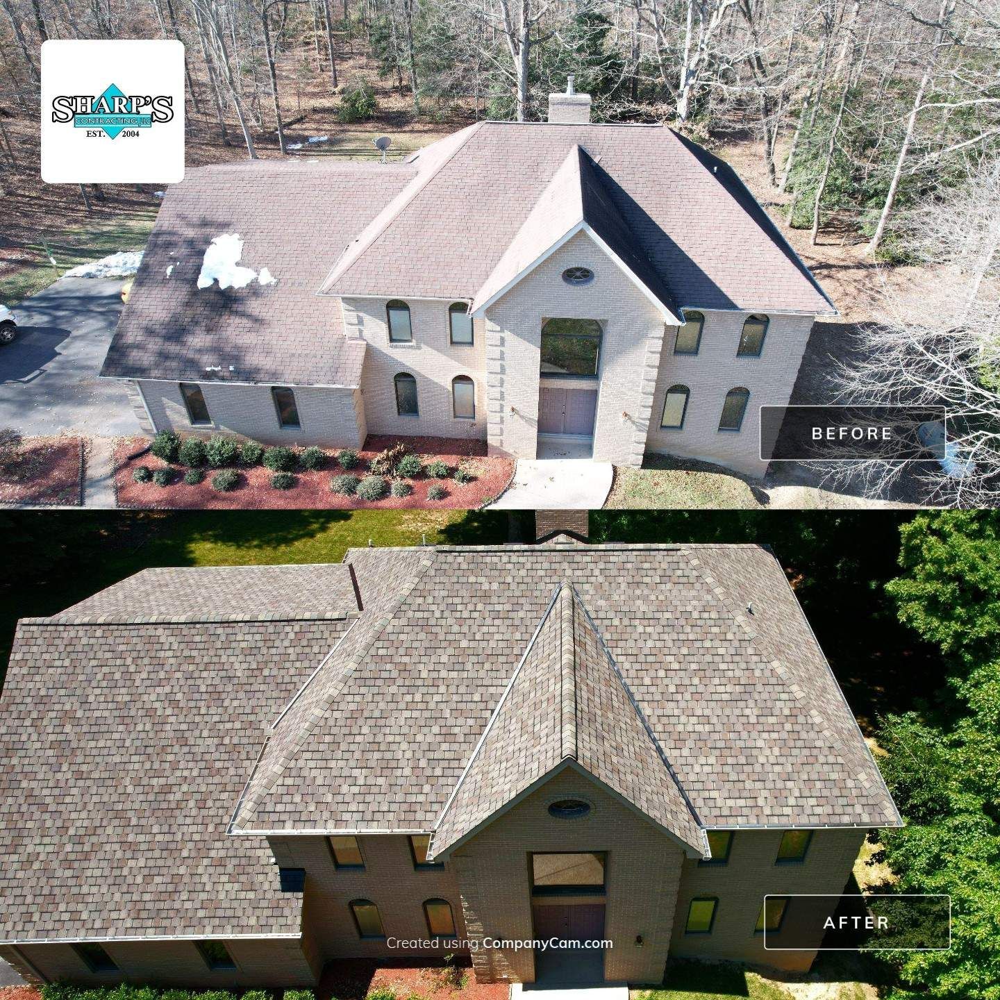 A before and after photo of a house with a new roof