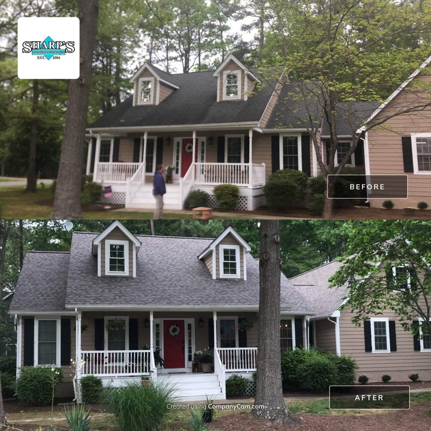A before and after photo of a house with a red door