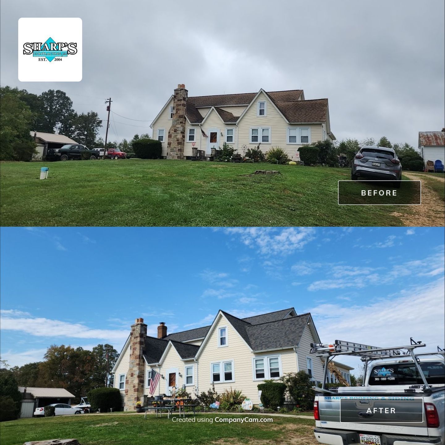 A before and after picture of a house with a truck parked in front of it