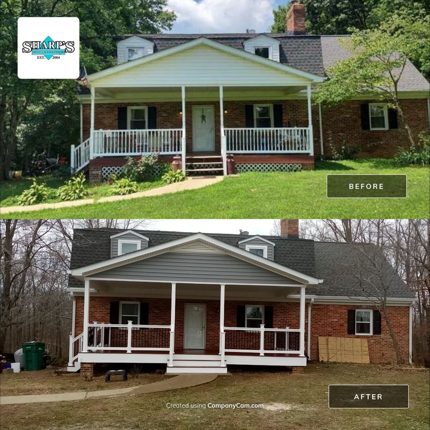 A before and after photo of a brick house with a porch