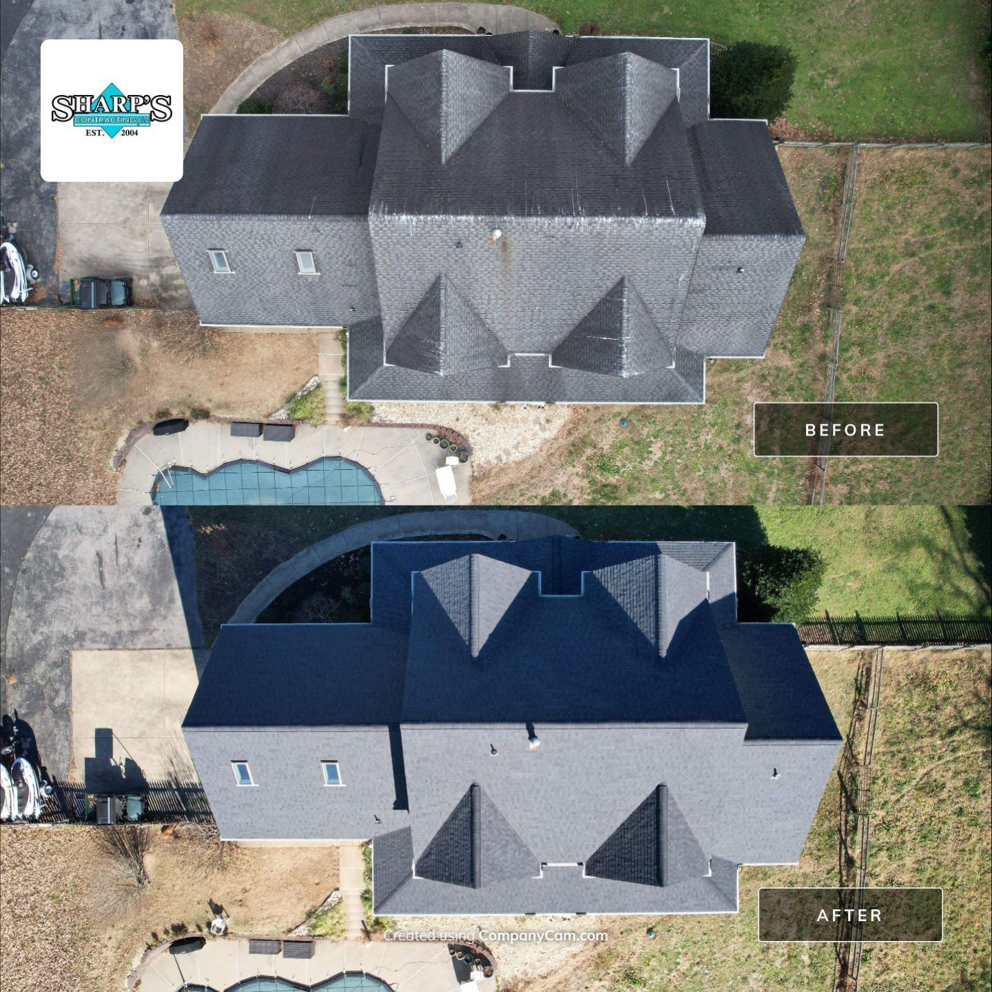 An aerial view of a house before and after being painted