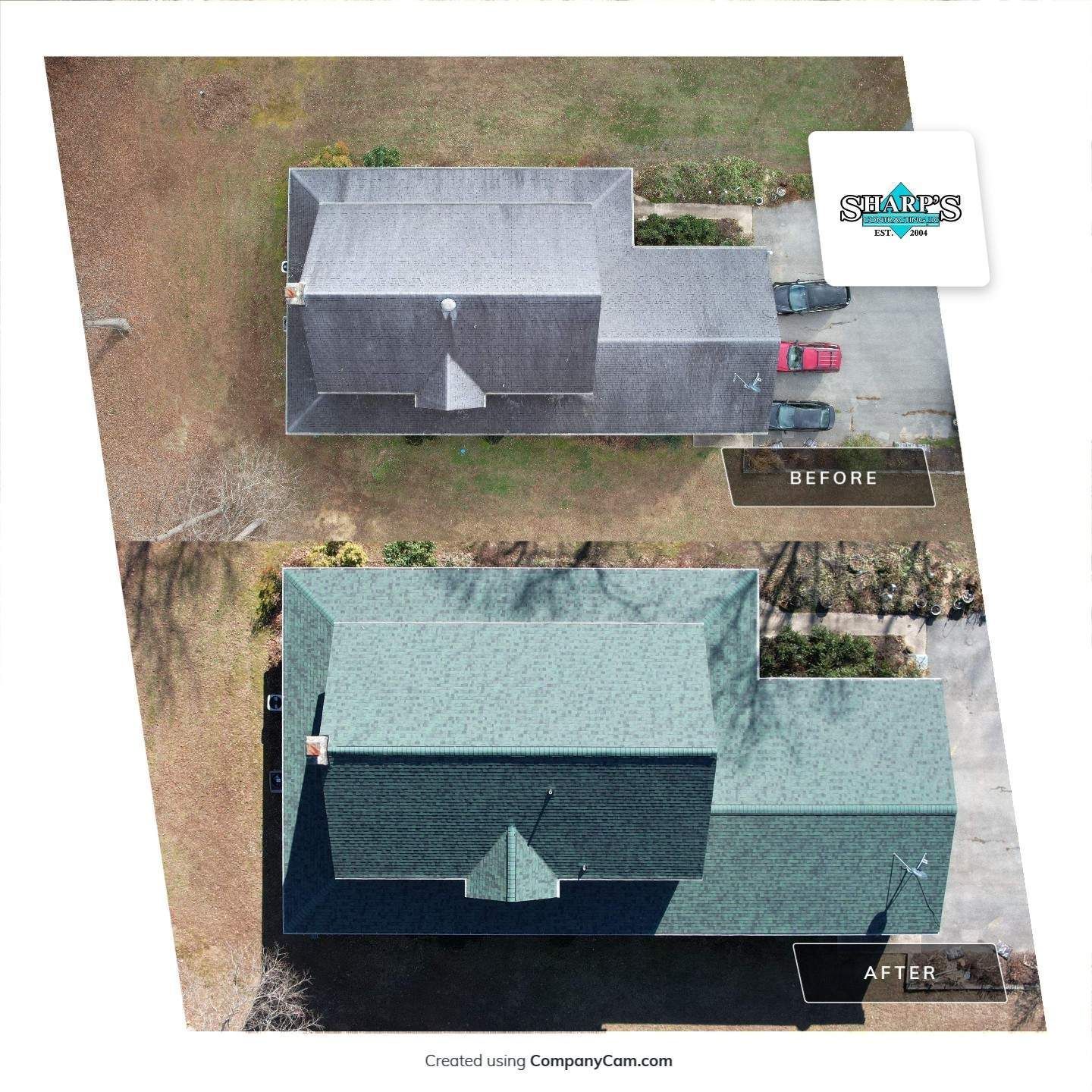 An aerial view of a house before and after cleaning